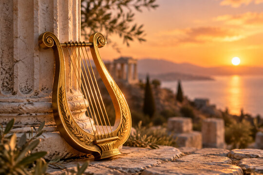 A golden lyre leaning against an ancient column at sunset.