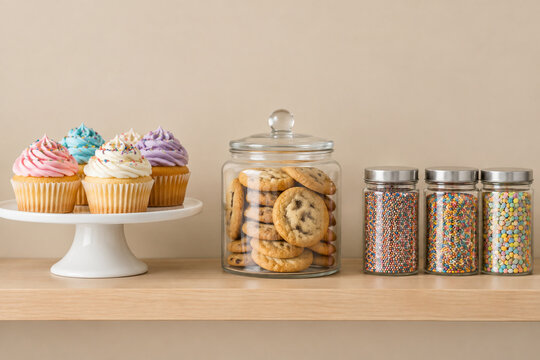Retail shelf with cupcakes, cookies and sprinkle jars, bakery display concept
