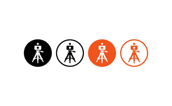 Modern camera tripod logo set featuring flat vector icons in black and orange circles