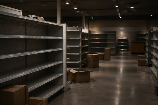 Empty retail shelves with cardboard boxes in closed store, divest and liquidation concept