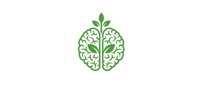 Creative green brain logo symbol with an organic plant sprout representing mental growth and mindfulness.