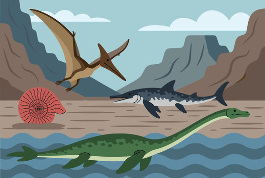 Prehistoric coastal scene featuring a soaring pterosaur, a swimming plesiosaur, a mosasaur, and an ammonite fossil.