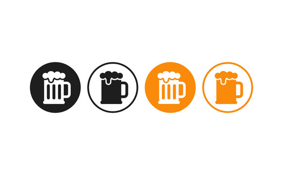 Modern beer mug icons set featuring black and orange circular designs for pub branding
