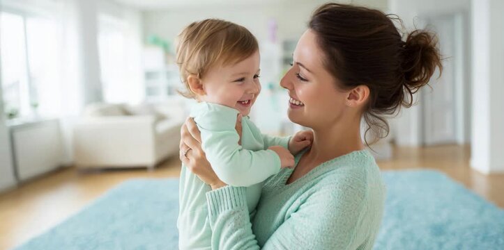Young happy mother holding her laughing baby daughter, playing together in the living room