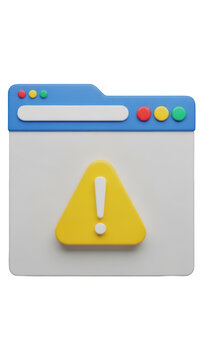 3D browser window with warning icon, digital alert notification interface, yellow exclamation mark on web page, internet security error message