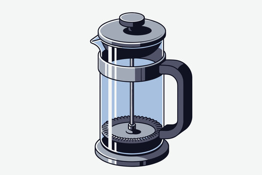 Isometric French press coffee maker made of glass and stainless steel with a black handle on light background.