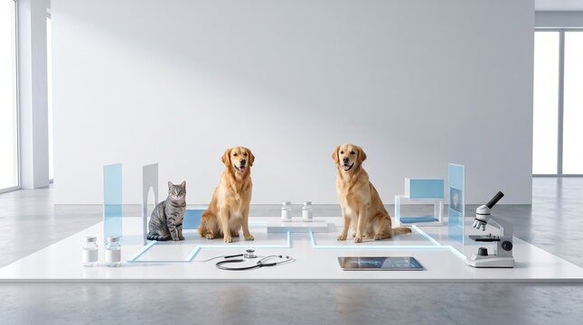 Pet health veterinary medicine technology concept with golden retrievers and cat in futuristic high tech laboratory clinic on white background