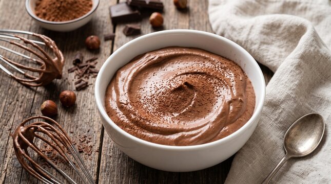 Smooth chocolate frosting or mousse in a white bowl on a wooden surface, featuring rich cocoa texture, creamy consistency, homemade dessert preparation, and gourmet baking ingredients.