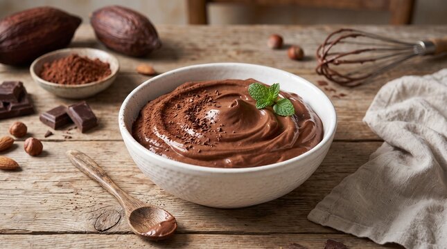 Smooth chocolate frosting or mousse in a white bowl on a wooden surface, featuring rich cocoa texture, creamy consistency, homemade dessert preparation, and gourmet baking ingredients.