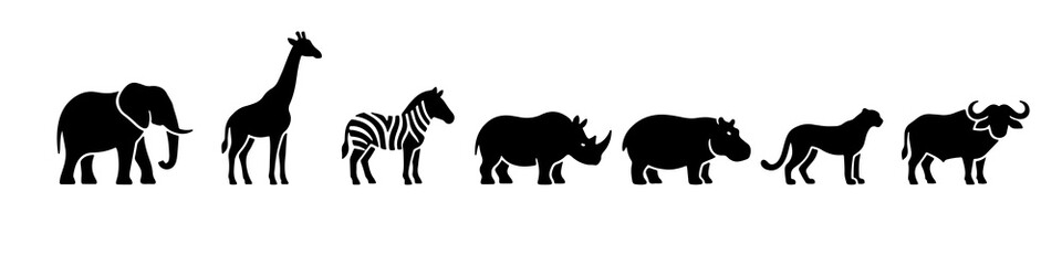 Fototapeta premium Set of black safari animal silhouettes featuring diverse African wildlife in profile