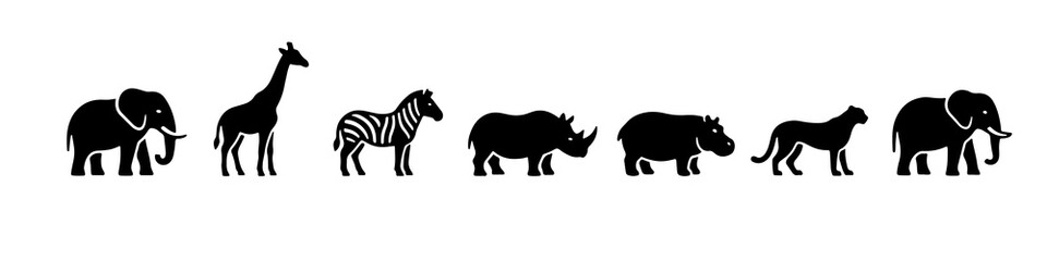 Set of wild safari animal silhouettes including elephant, giraffe, zebra, rhino and lion © ＰＮＧ・アート