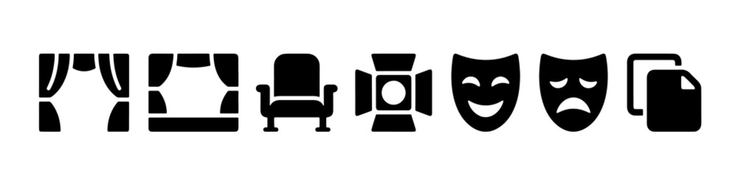 Modern theater vector icons with drama masks and stage curtains