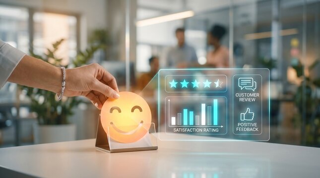 Hand placing wooden happy face icon on table next to holographic display showing positive customer satisfaction rating and bar charts in modern office space with soft ambient background lighting.