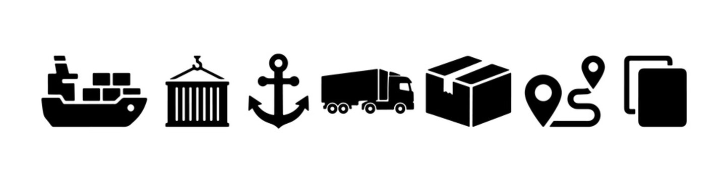 Modern logistics and shipping icon set with cargo transport silhouettes
