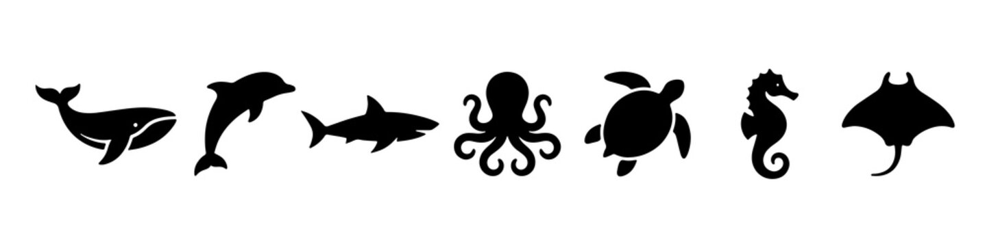 Set of black sea animal silhouettes featuring various ocean creatures arranged horizontally