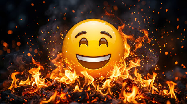Happy Emoji on Fire Intense Joy, Extreme Excitement, Burning Sensation