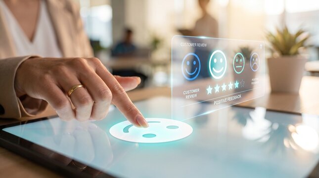 Business professional touching screen with holographic interface showing customer review icons and five star rating system to analyze positive feedback and user experience in office workplace.