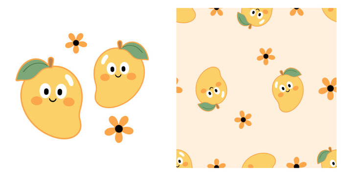 Cute seamless mango fruit pattern featuring smiling yellow mango characters with green leaves, rosy cheeks and tiny orange flowers on a soft cream background in playful hand drawn flat vector.