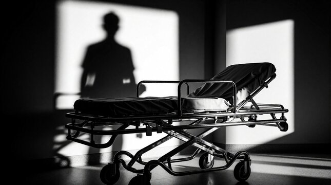 Empty medical stretcher sits in dark room, casting long shadow on wall. Stark lighting creates sense of mystery, dread, and absence within healthcare setting. A chilling scene.