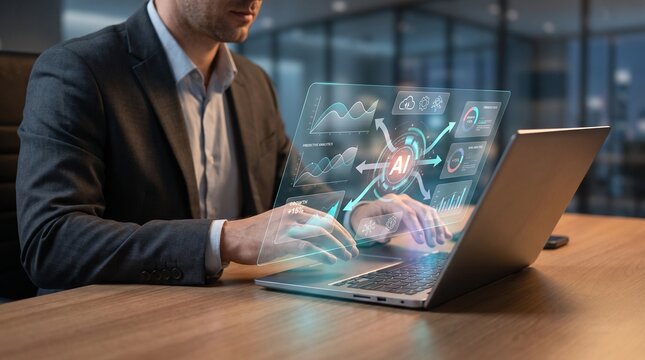 Man interacting with AI core holographic dashboard on laptop with data visualization and analytics for business growth and productivity targets at modern office.