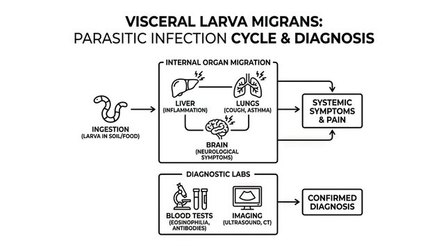Infographic of parasitic visceral larva migrans infection cycle.