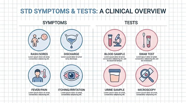 STD symptoms and diagnostic tests clinical overview infographic.
