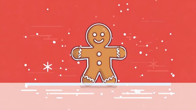 Festive gingerbread man with red background and falling snowflakes
