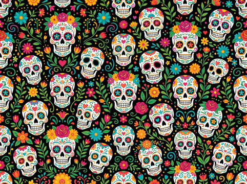 Seamless pattern of colorful Mexican sugar skulls surrounded by bright flowers, leaves, hearts and decorative motifs on a deep black background, Day of the Dead, Dia de los Muertos, calavera, sugar sk