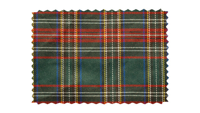 Green tartan plaid fabric swatch with zigzag edges isolated on a white background material checkered scottish