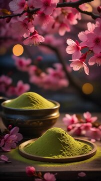 Matcha Powder with Cherry Blossoms 4K Generative AI