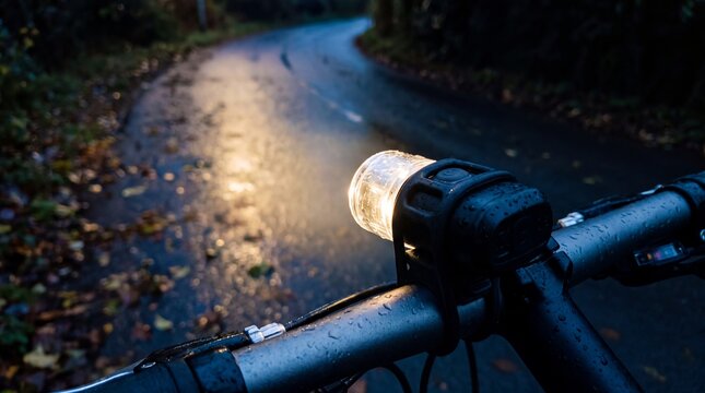 Bicycle Headlight Illuminating a Wet Lane at Dusk