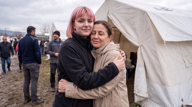 refugees shelter comfort women embrace displacement support aid crisis hope a young adult comforts a distraught older woman outside a temporary shelter during displacement for aid campaigns