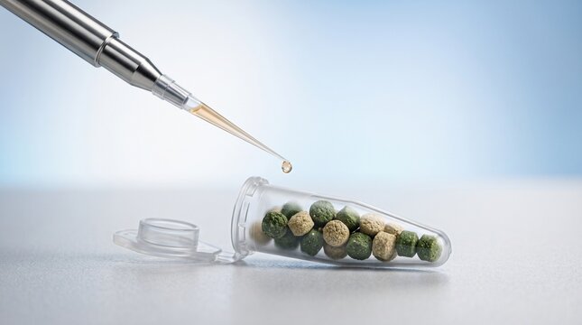 Pet health supplement research with pipette dropping liquid into laboratory tube of medicine pellets for veterinary pharmaceutical testing and animal nutrition science development