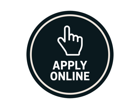 Apply Online Button: A clean, modern circular icon featuring a finger cursor pointing upwards above the text APPLY ONLINE, indicating an action to submit an application through the internet.