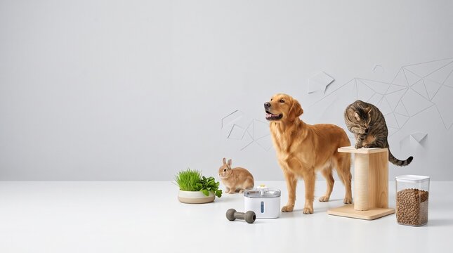 Pet health and wellness care products featuring golden retriever dog tabby cat and rabbit with healthy nutrition food and water fountain in minimalist bright studio background