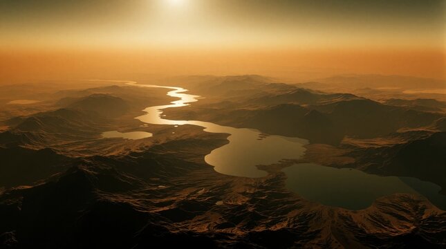 Saturns moon Titan displays alien terrain with winding rivers and large liquid methane lakes. Its hazy orange atmosphere glows under the distant sun. Mountains and valleys mark the rugged surface.