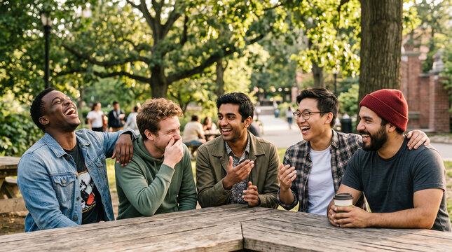 A group of five men laugh together while sitting at an outdoor table. They lean close with arms around one another. Friendship and social connection during a relaxed gathering with friends.