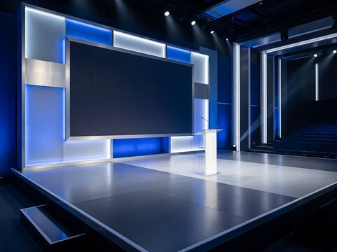 Modern tv studio stage with a large screen