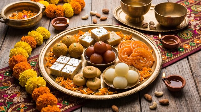 Indian sweets are arranged on a festive platter beside marigold flowers and clay lamps. The platter holds laddoo, barfi, jalebi, and rasgulla. Traditional sweets celebrate Diwali.