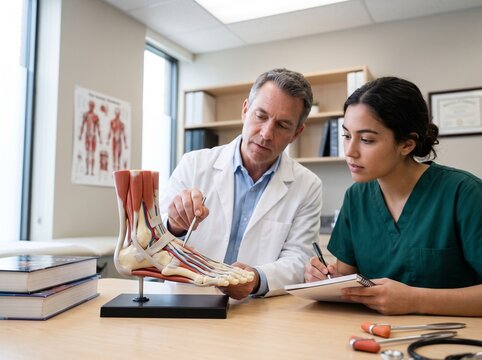 Medical doctor and student nurse examining a human foot anatomy model in a hospital office