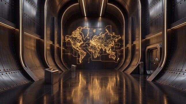 Futuristic Command Center with Glowing World Map Display
