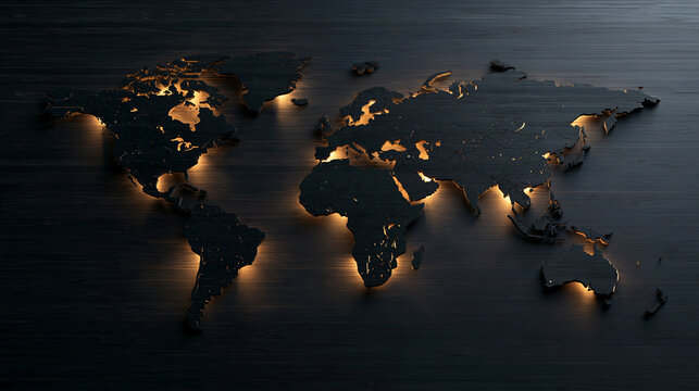 Dark World Map with Warm Backlight on Textured Surface
