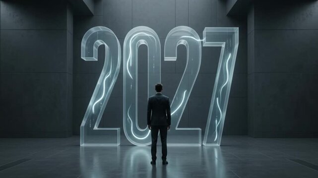 Businessman Facing Giant Transparent 2027 Numbers for New Year and Future Planning Concept