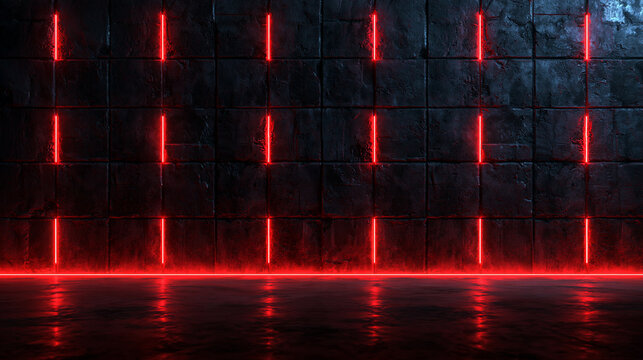 Futuristic Dark Stage with Glowing Red Neon Lights