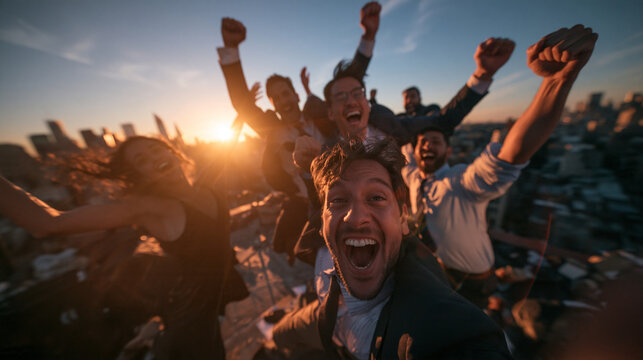 Ecstatic Business Team Celebrating Success on Rooftop at Sunset