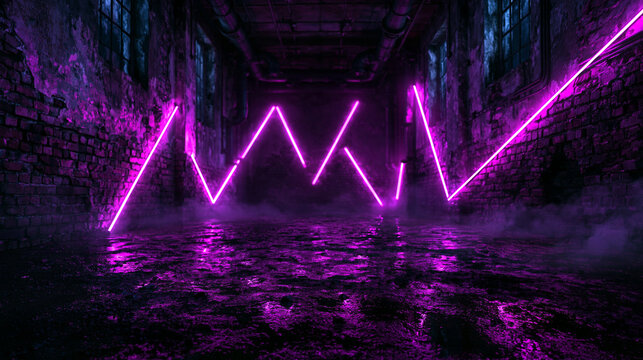 Neon Purple Geometric Lights in Dark Industrial Warehouse