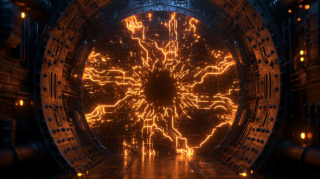 Futuristic Circular Portal with Glowing Orange Circuitry