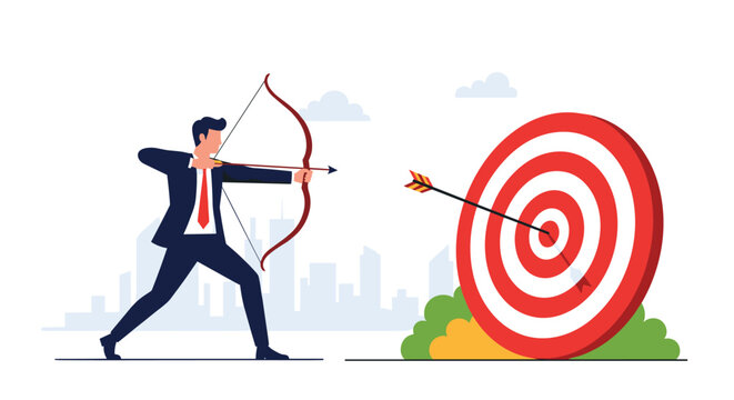 Professional businessman aiming a bow and arrow directly at a large target, symbolizing precise focus and business goal.