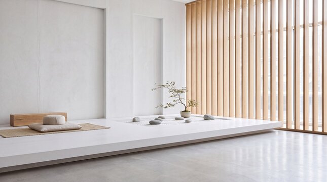 Minimalist Zen Meditation Room with Indoor Rock Garden
