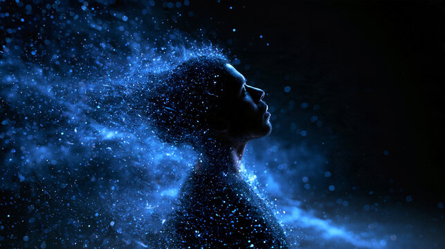Profile of Man Dissolving into Glowing Blue Particles